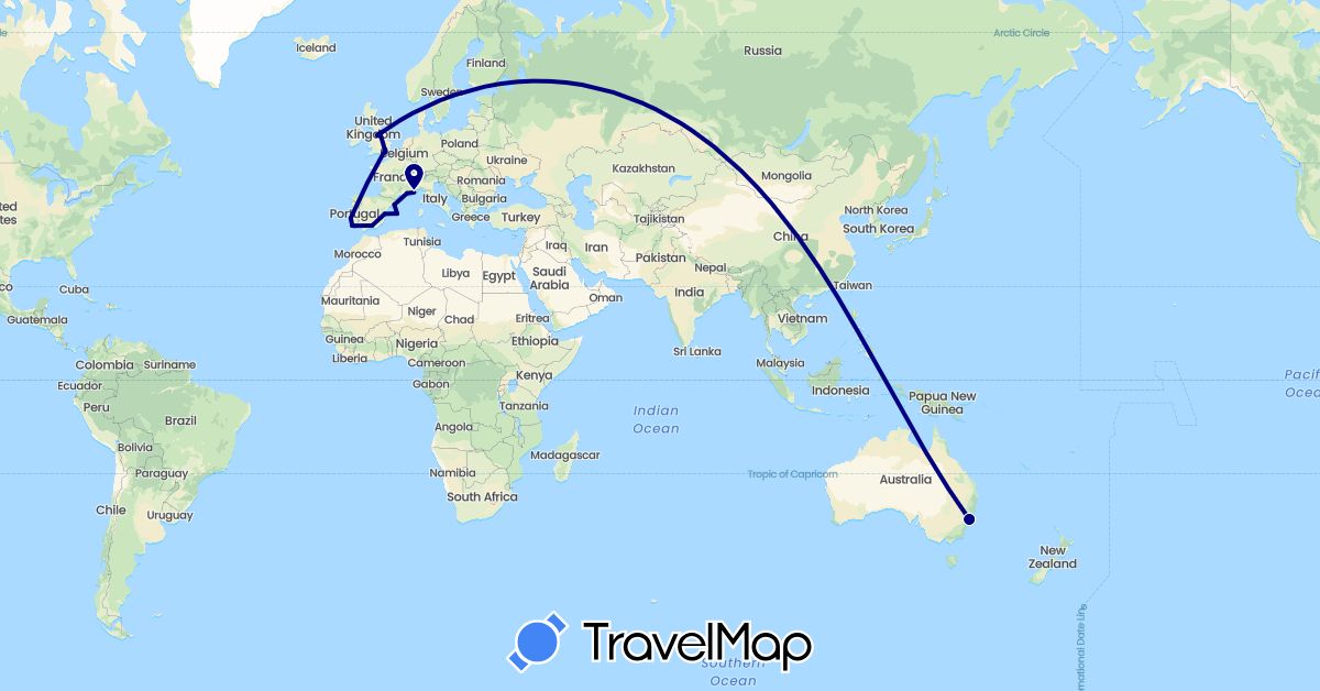 TravelMap itinerary: driving in Australia, Spain, France, United Kingdom, Portugal (Europe, Oceania)